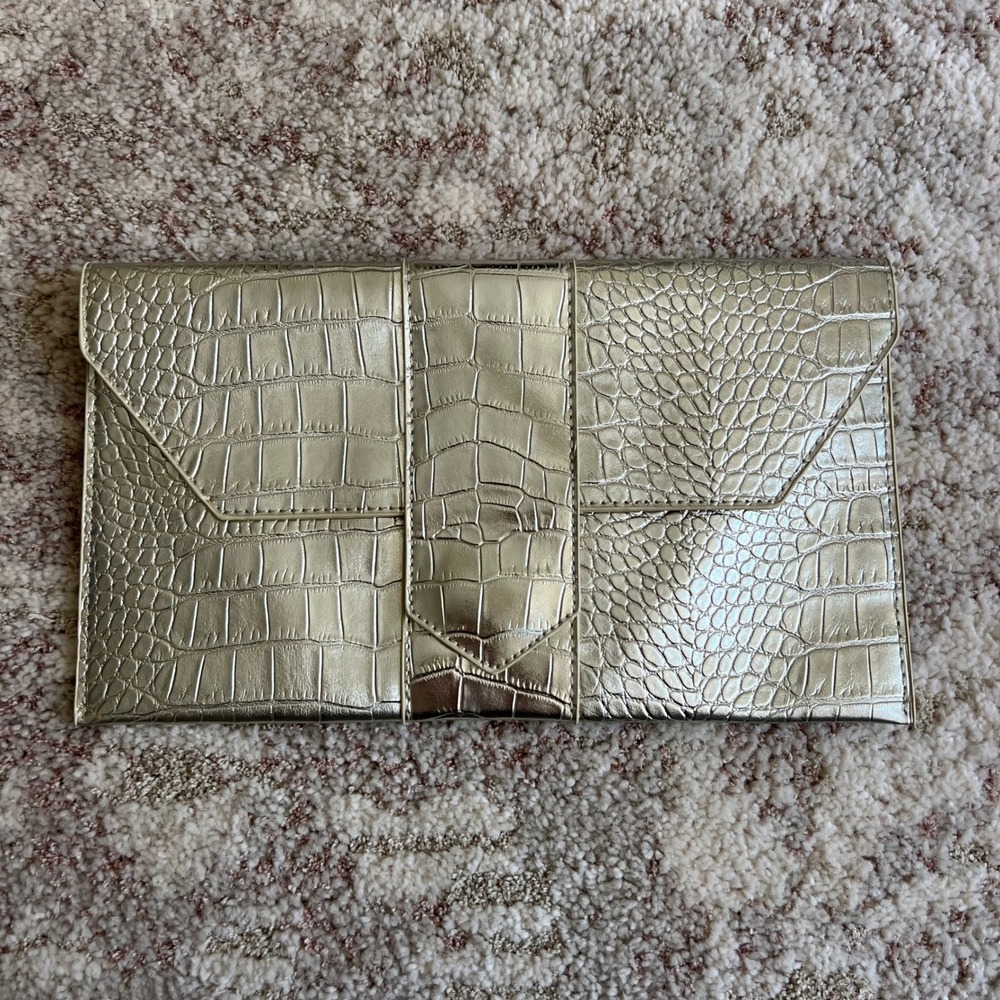 JJ Winters Gold Metallic Croc‎ Embossed Nikki Envelope Clutch Bag Evening Purse